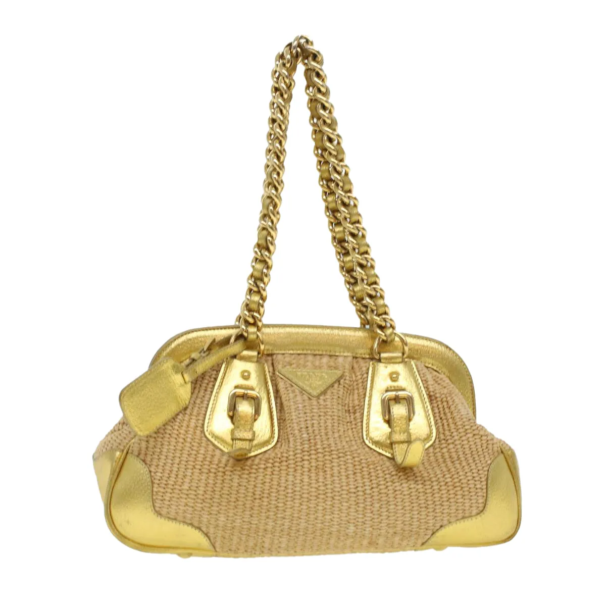 PRADA Chain Shoulder Bag Straw Leather Beige 43934