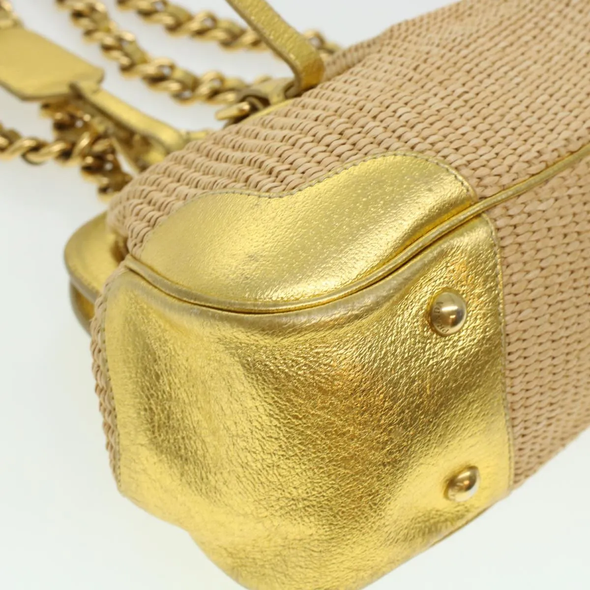 PRADA Chain Shoulder Bag Straw Leather Beige 43934