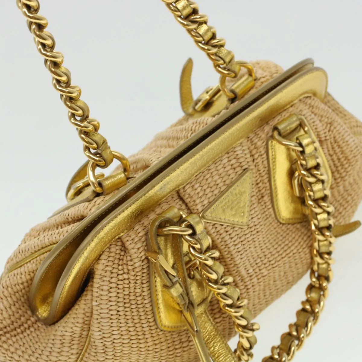 PRADA Chain Shoulder Bag Straw Leather Beige 43934
