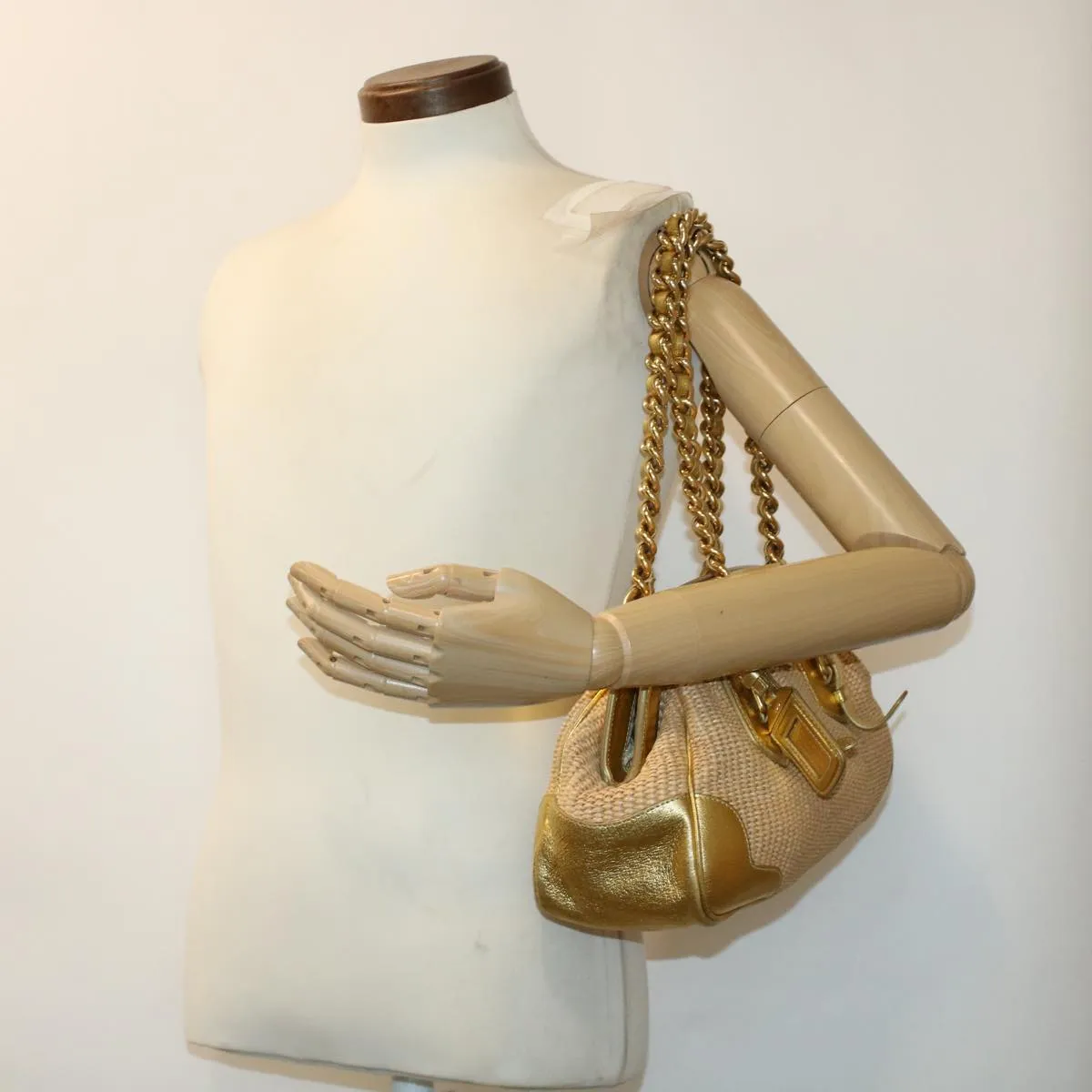 PRADA Chain Shoulder Bag Straw Leather Beige 43934