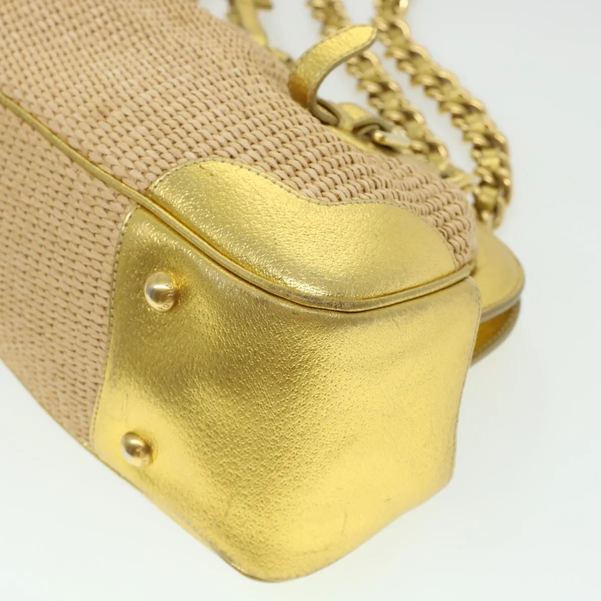 PRADA Chain Shoulder Bag Straw Leather Beige 43934
