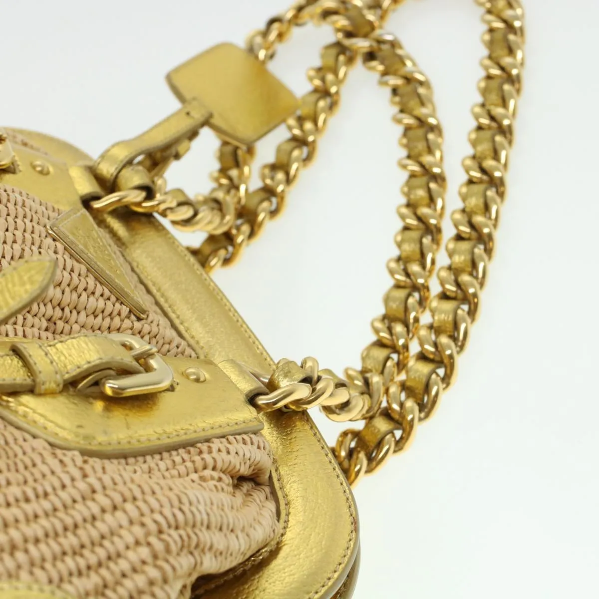 PRADA Chain Shoulder Bag Straw Leather Beige 43934