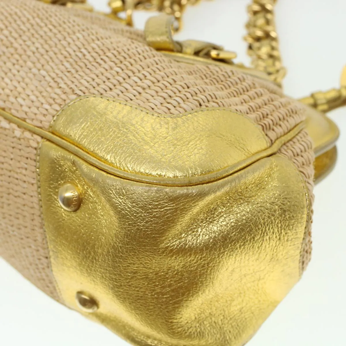 PRADA Chain Shoulder Bag Straw Leather Beige 43934