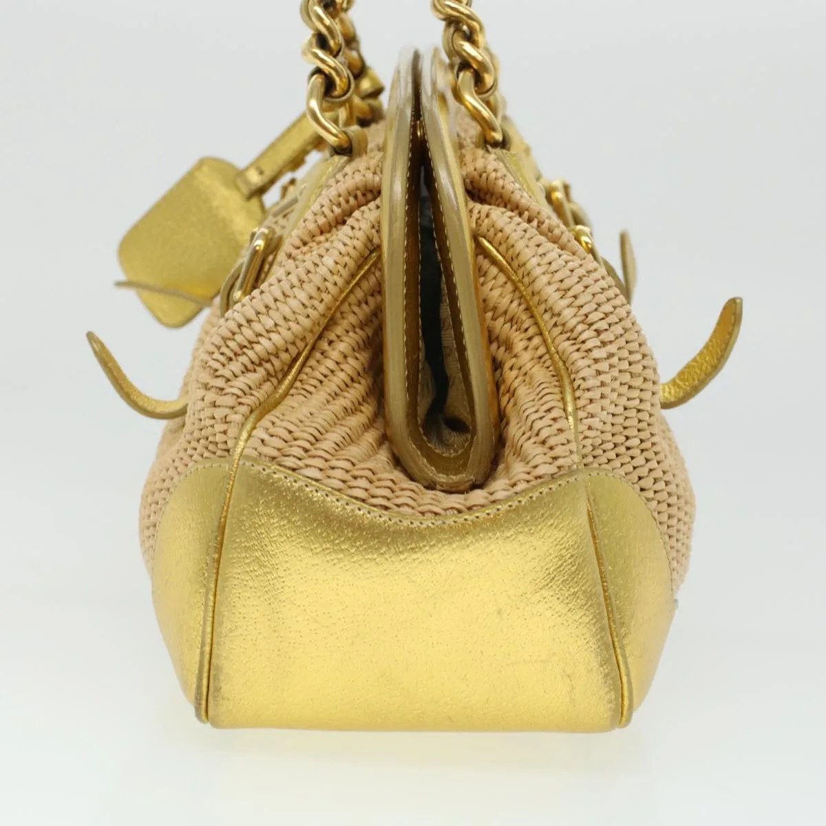 PRADA Chain Shoulder Bag Straw Leather Beige 43934