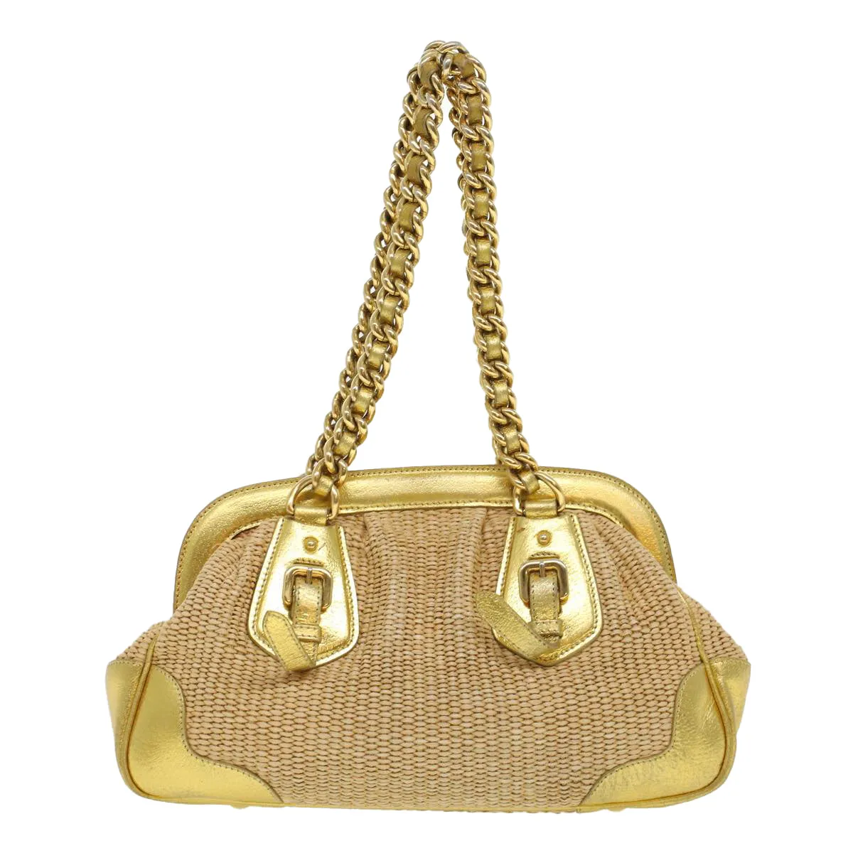 PRADA Chain Shoulder Bag Straw Leather Beige 43934