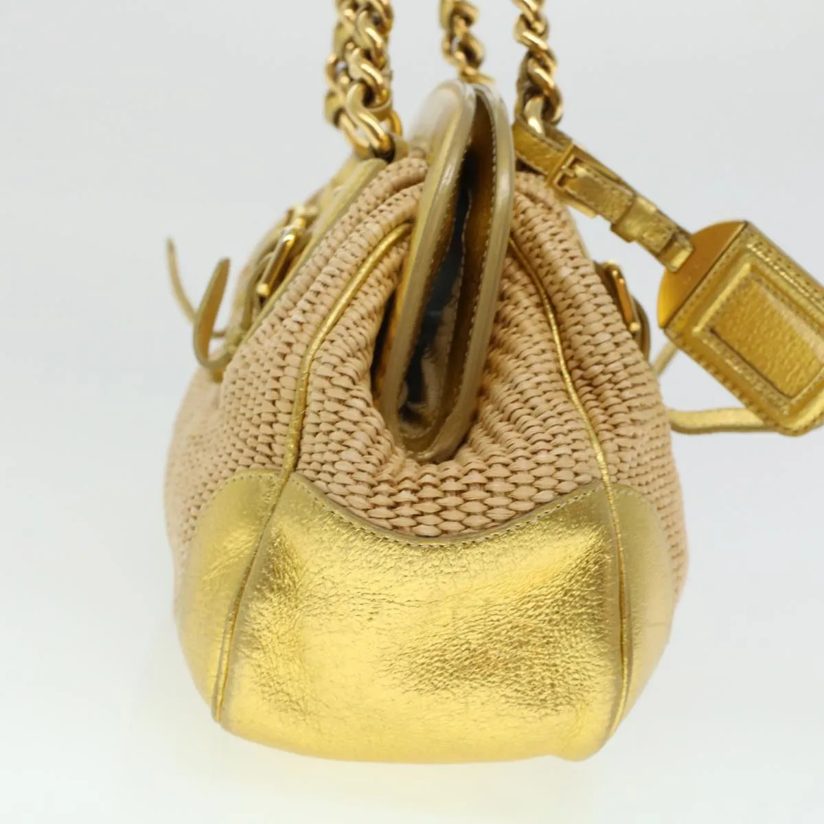 PRADA Chain Shoulder Bag Straw Leather Beige 43934