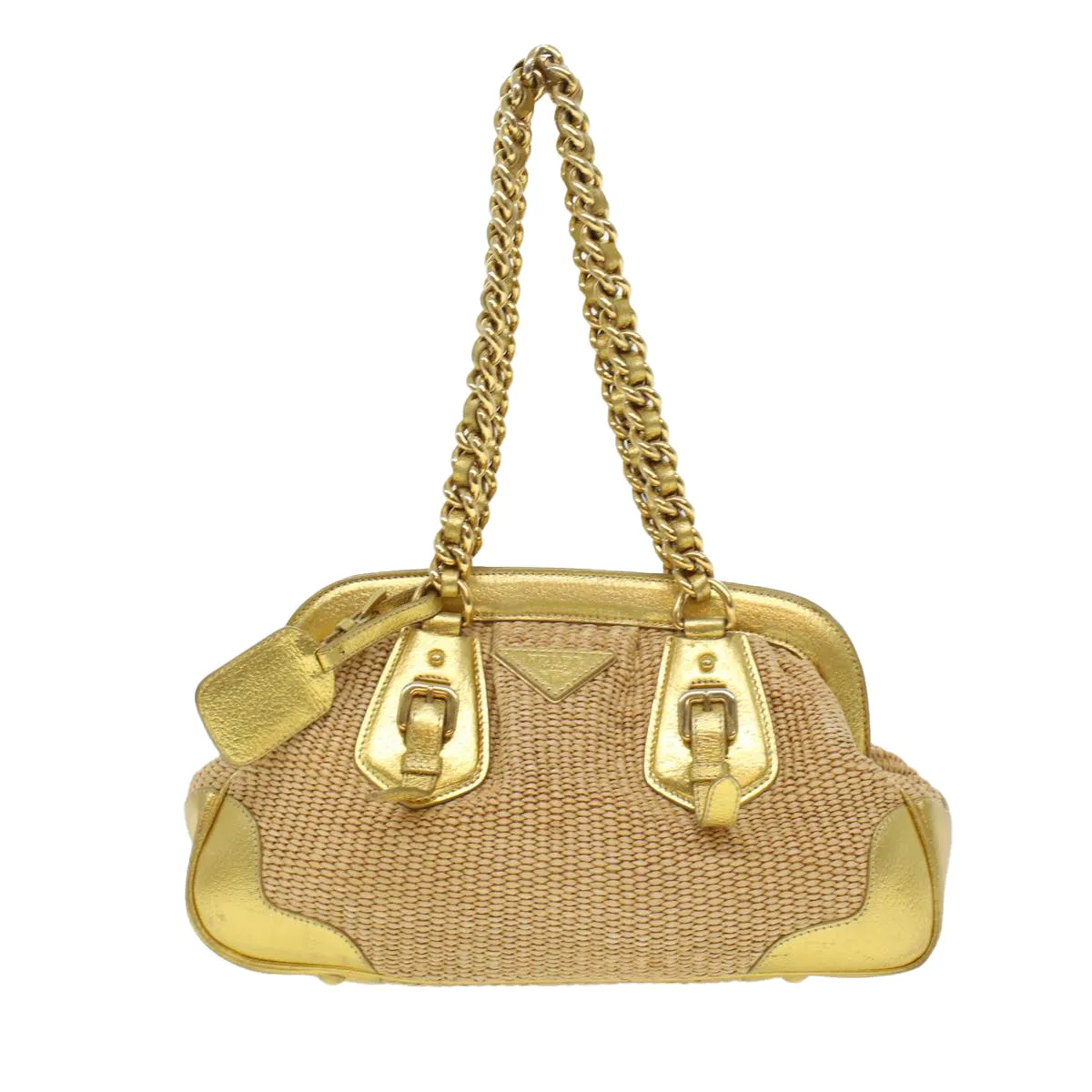 PRADA Chain Shoulder Bag Straw Leather Beige 43934