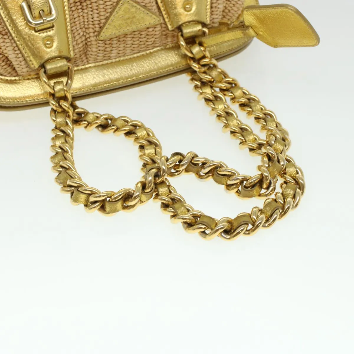 PRADA Chain Shoulder Bag Straw Leather Beige 43934