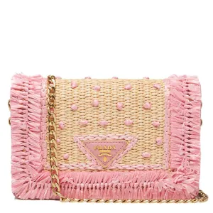 Prada Pink Woven Straw Dots Wallet on Chain Shoulder Bag