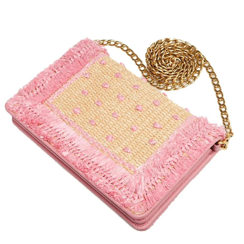Prada Pink Woven Straw Dots Wallet on Chain Shoulder Bag