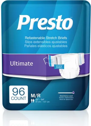 Presto Ultimate Absorbency Stretchable Incontinence Diapers/Briefs for Women and Men - Adult Diapers, Disposable, Medium - 96 ct (6 Bags of 16) (Medium)