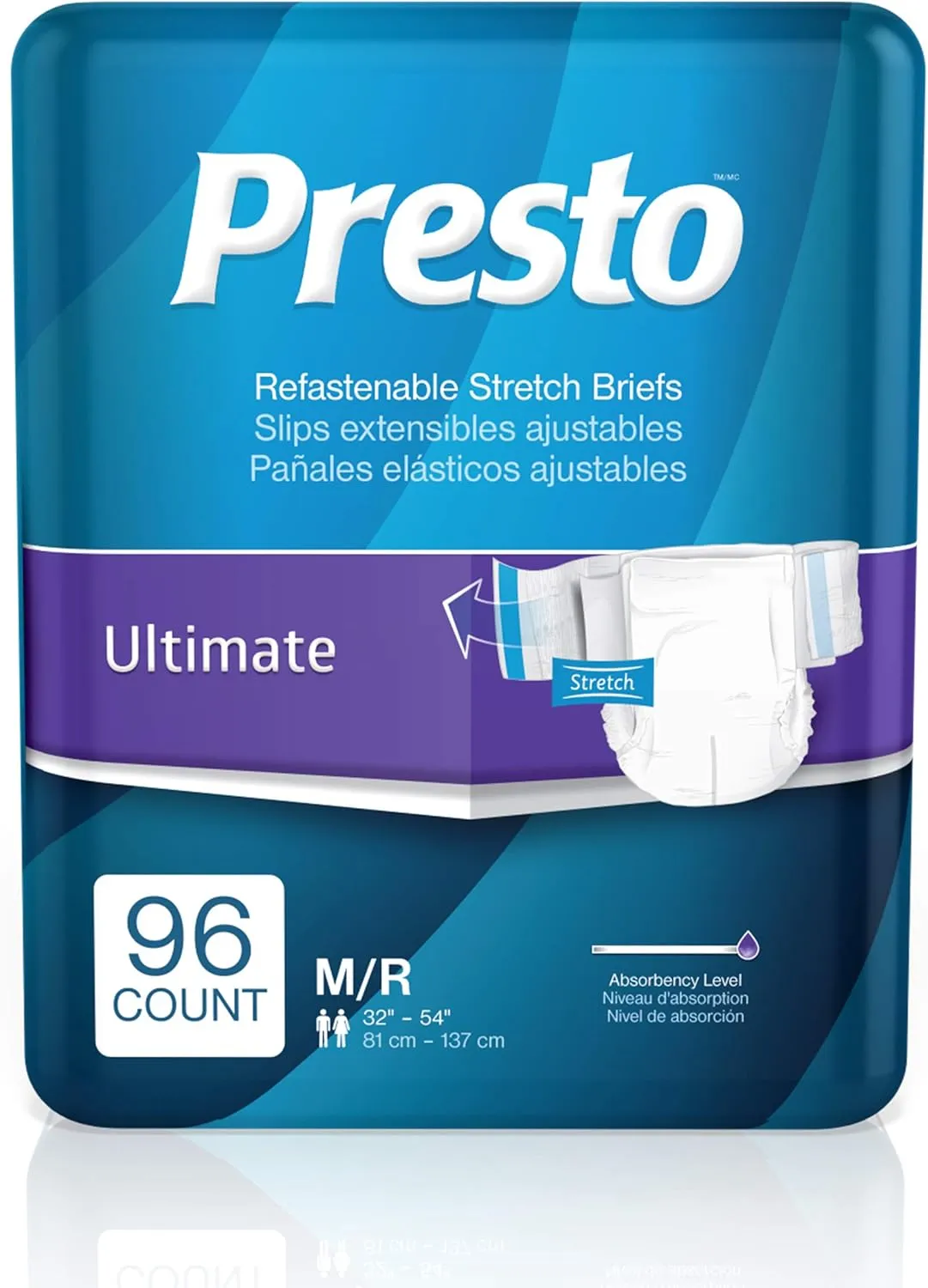 Presto Ultimate Absorbency Stretchable Incontinence Diapers/Briefs for Women and Men - Adult Diapers, Disposable, Medium - 96 ct (6 Bags of 16) (Medium)