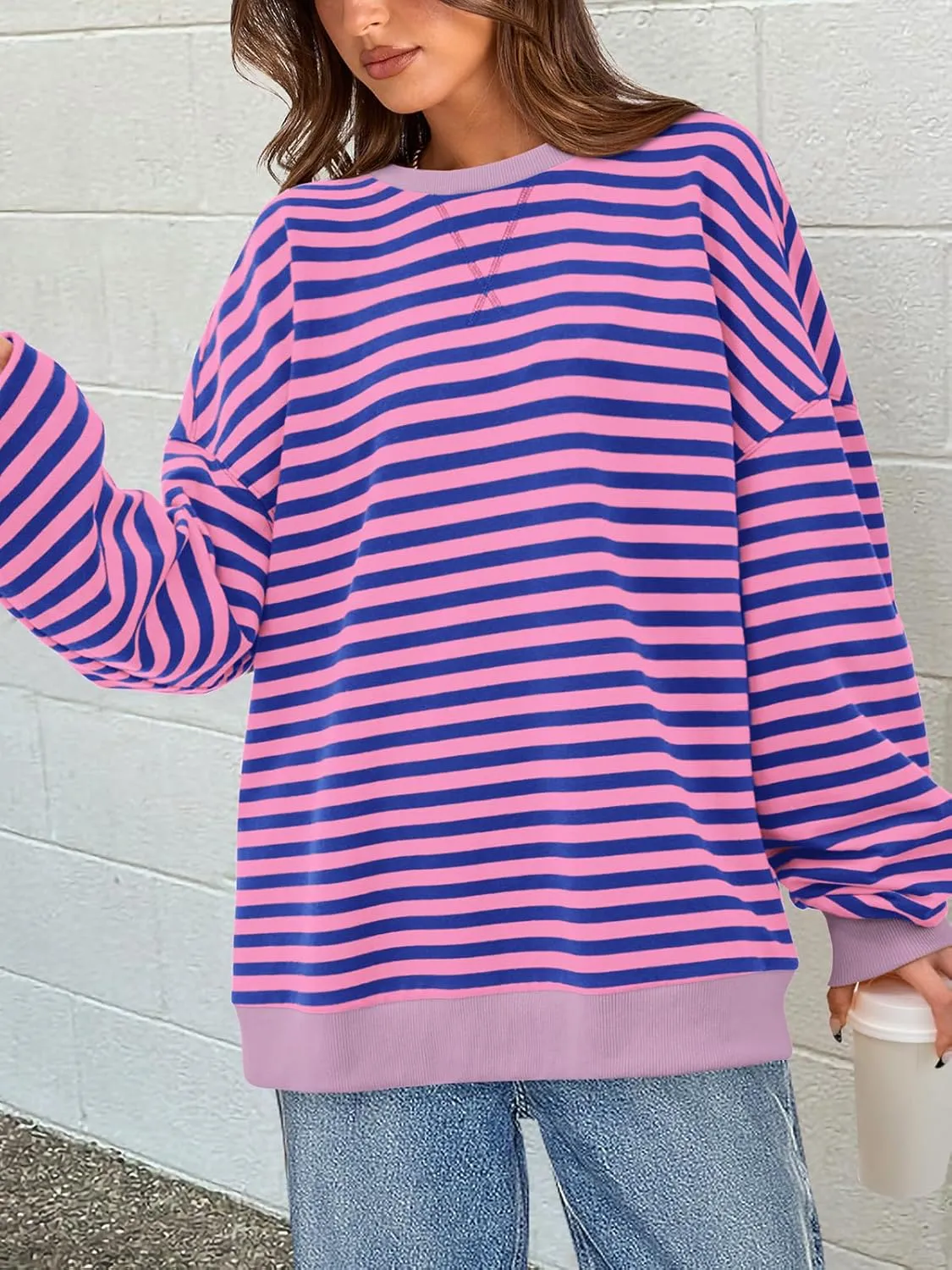 PRETTYGARDEN Womens Striped Oversized Sweatshirt Color Block Crew Neck Long Sleeve Casual Loose Pullover Top Y2K Clothes