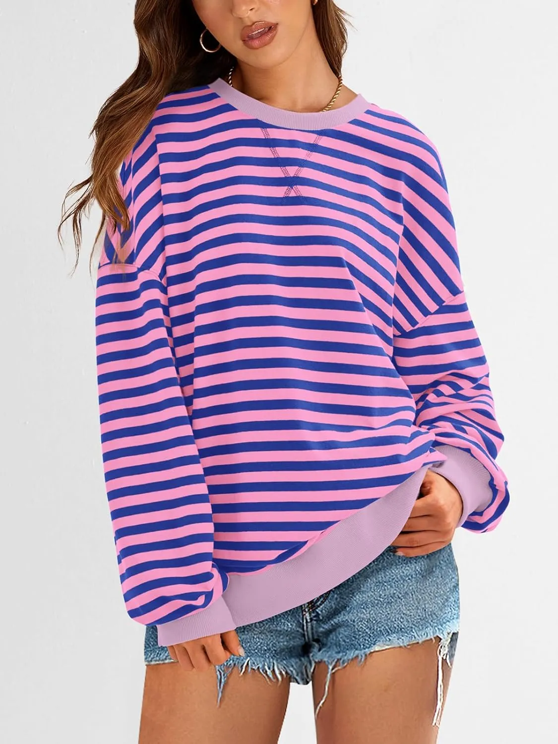 PRETTYGARDEN Womens Striped Oversized Sweatshirt Color Block Crew Neck Long Sleeve Casual Loose Pullover Top Y2K Clothes