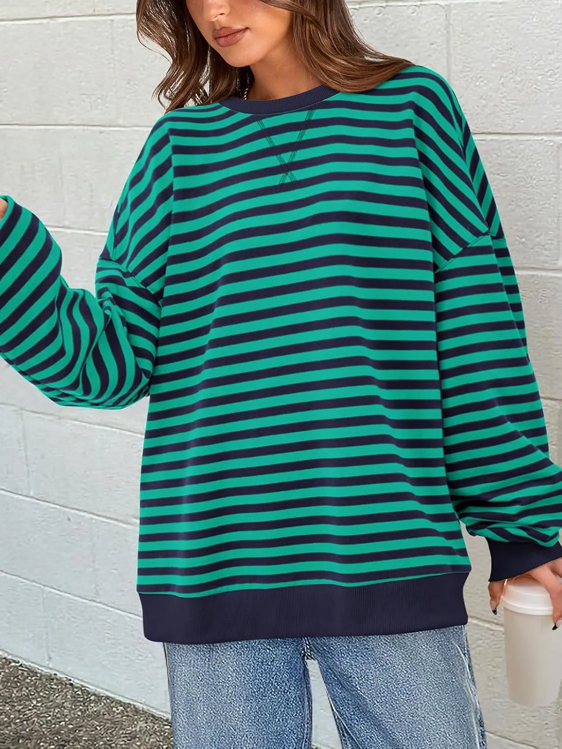 PRETTYGARDEN Womens Striped Oversized Sweatshirt Color Block Crew Neck Long Sleeve Casual Loose Pullover Top Y2K Clothes