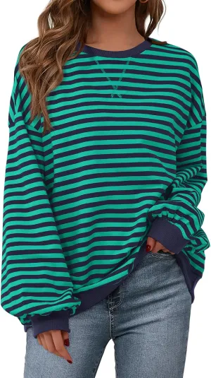 PRETTYGARDEN Womens Striped Oversized Sweatshirt Color Block Crew Neck Long Sleeve Casual Loose Pullover Top Y2K Clothes