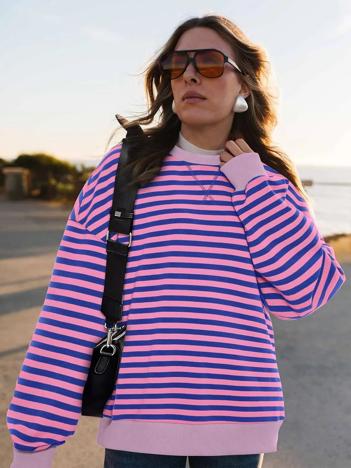 PRETTYGARDEN Womens Striped Oversized Sweatshirt Color Block Crew Neck Long Sleeve Casual Loose Pullover Top Y2K Clothes