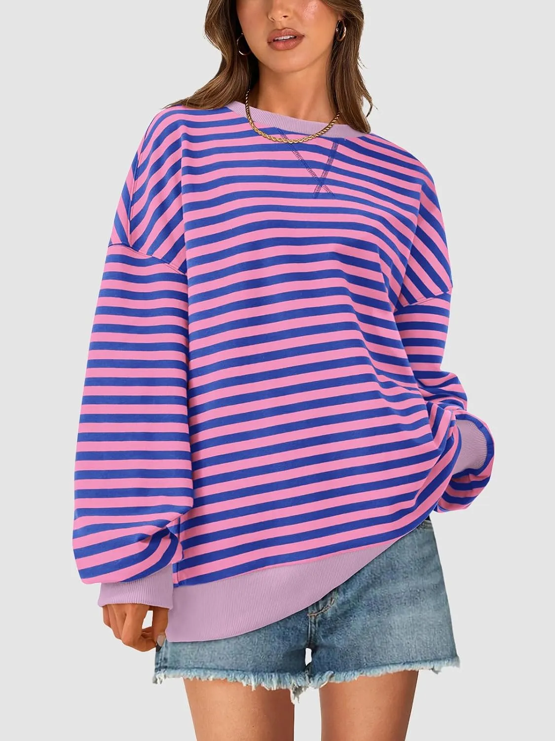PRETTYGARDEN Womens Striped Oversized Sweatshirt Color Block Crew Neck Long Sleeve Casual Loose Pullover Top Y2K Clothes
