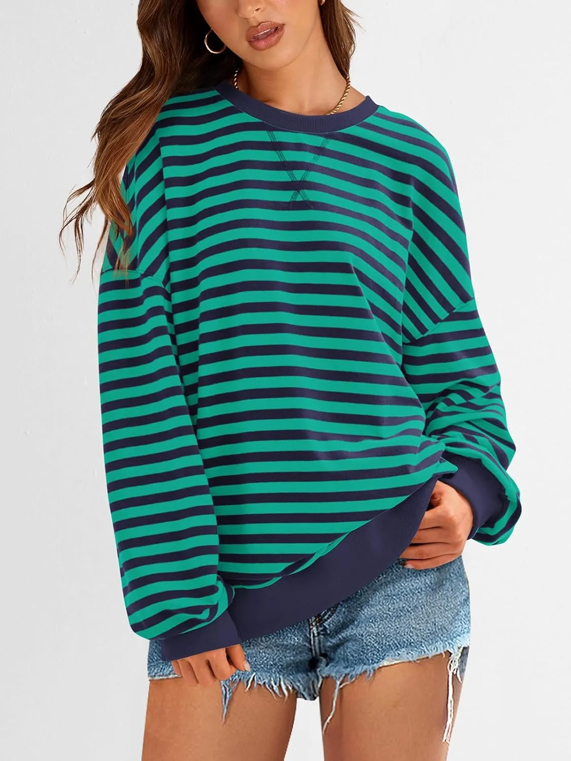 PRETTYGARDEN Womens Striped Oversized Sweatshirt Color Block Crew Neck Long Sleeve Casual Loose Pullover Top Y2K Clothes