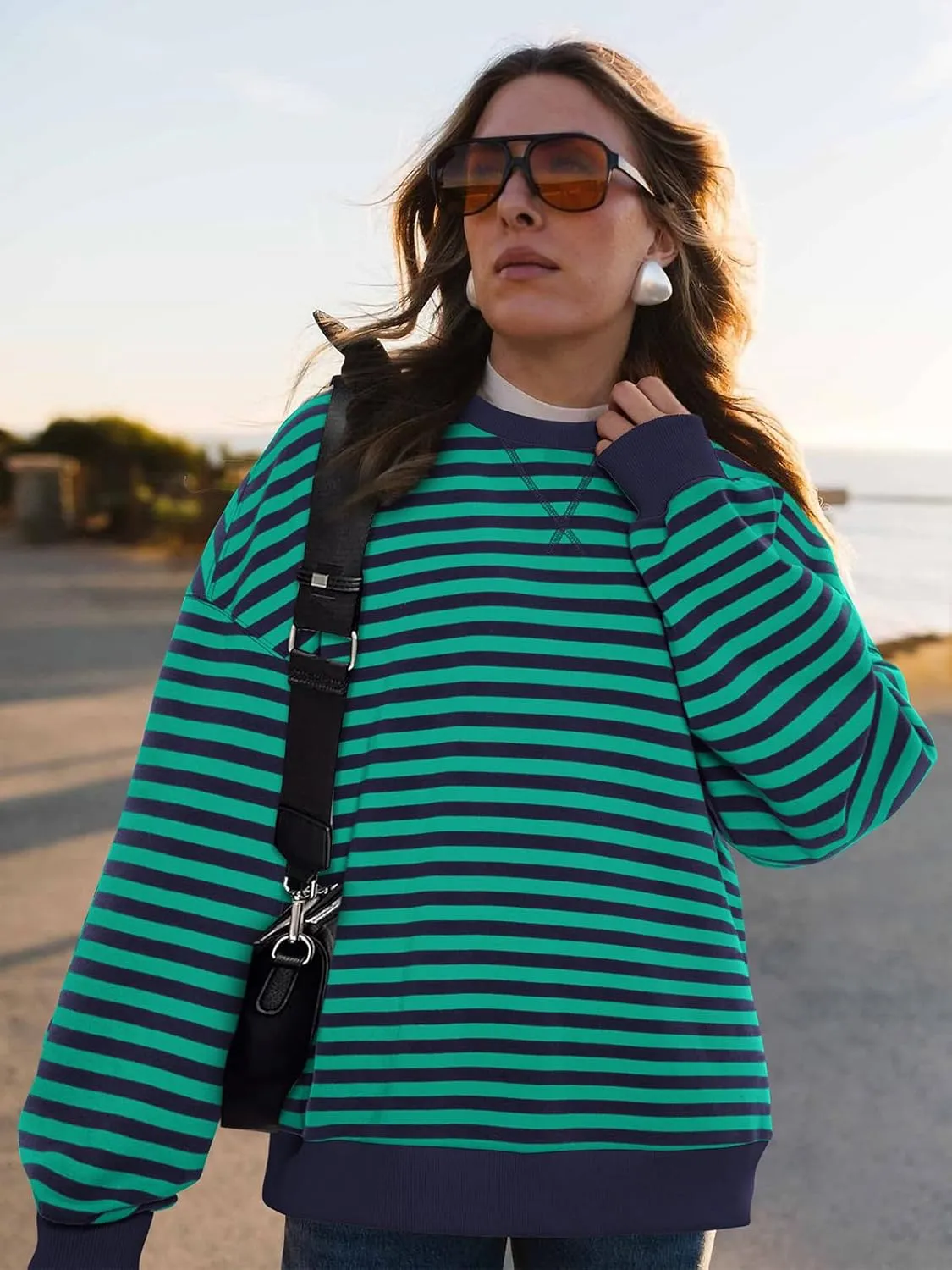 PRETTYGARDEN Womens Striped Oversized Sweatshirt Color Block Crew Neck Long Sleeve Casual Loose Pullover Top Y2K Clothes