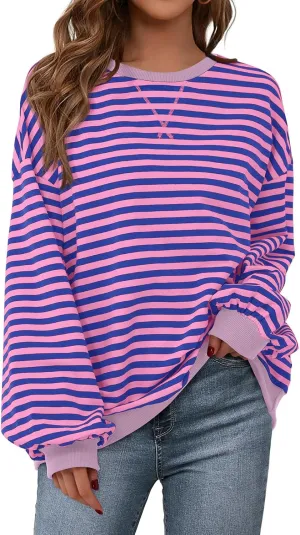 PRETTYGARDEN Womens Striped Oversized Sweatshirt Color Block Crew Neck Long Sleeve Casual Loose Pullover Top Y2K Clothes