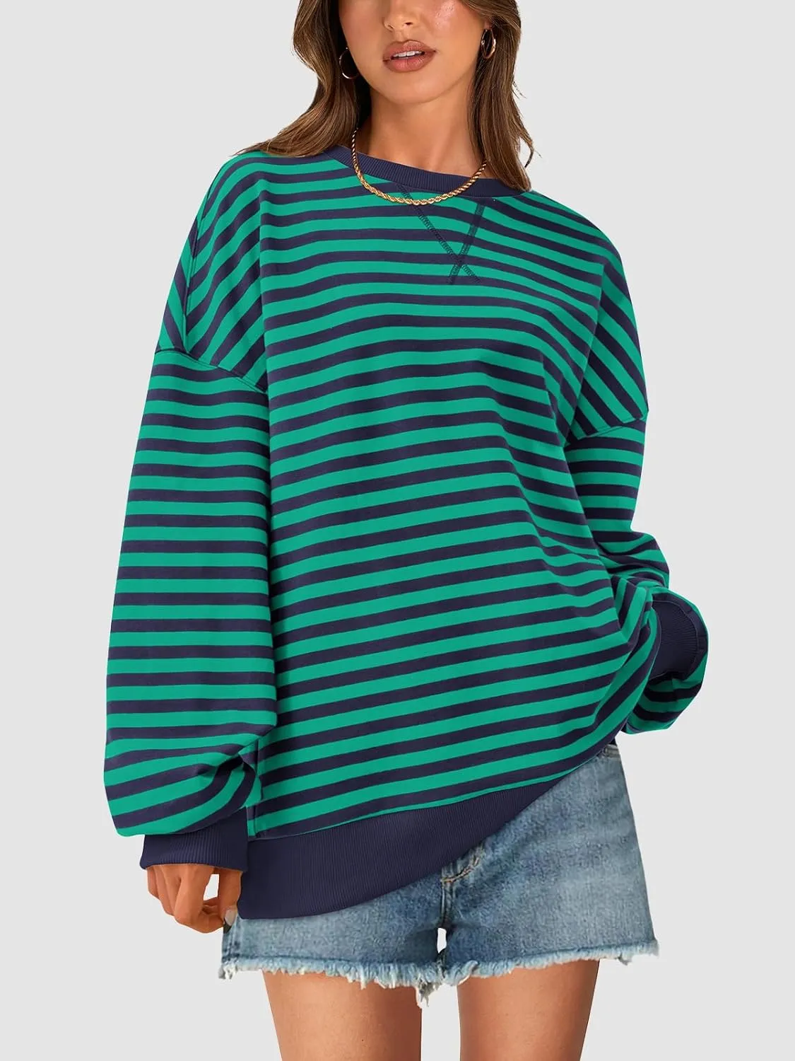 PRETTYGARDEN Womens Striped Oversized Sweatshirt Color Block Crew Neck Long Sleeve Casual Loose Pullover Top Y2K Clothes