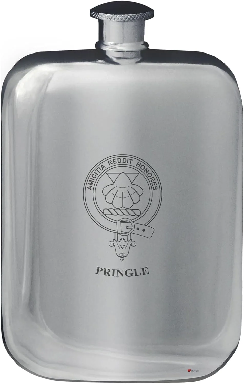 Pringle Family Crest Design Pocket Hip Flask 6oz Rounded Polished Pewter