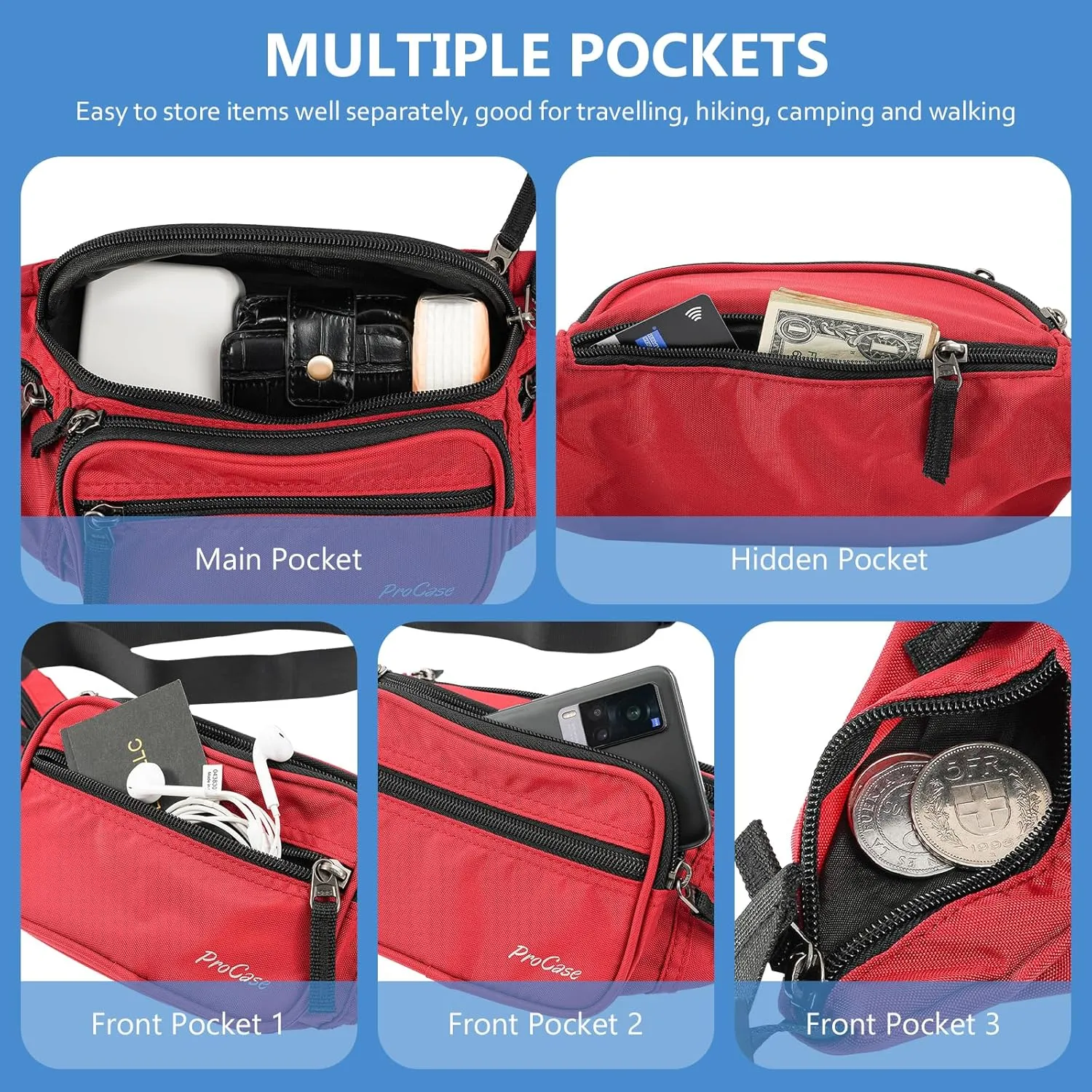 ProCase Fanny Pack Waist Packs for Men Women, Waist Bag Hip Pack for Travel Hiking Running Outdoor Sports