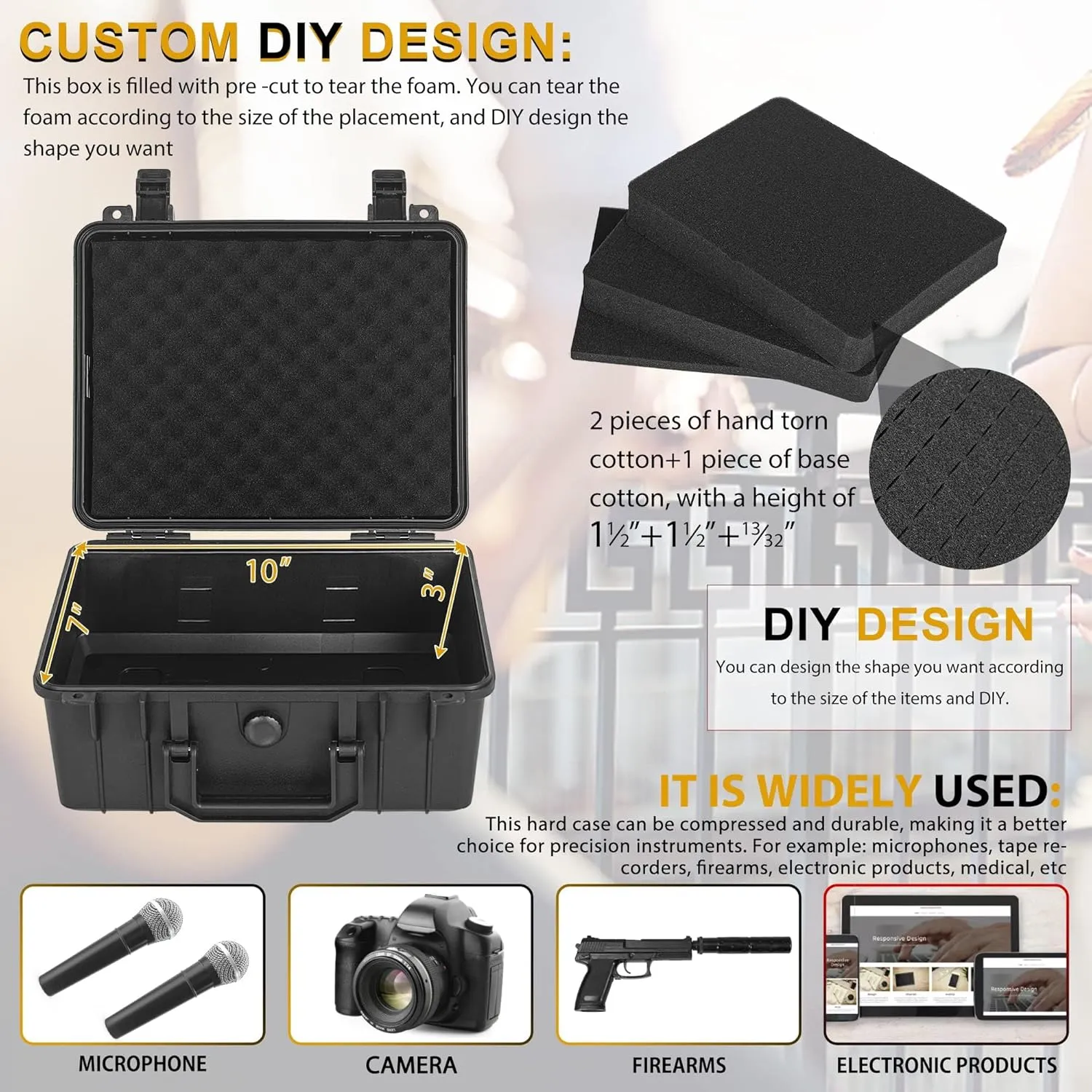 Protective Hard Case Shockproof Water-resistant with Customized DIY Foam Insert fit for Camera, etc, 11 X 9.5 X 5-Inch