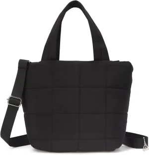 Puffer Mini Tote Bags with Zipper Small Quilted Crossbody Bags for Women Nylon Shoulder Purse Handbag with Adjustable Strap,Black