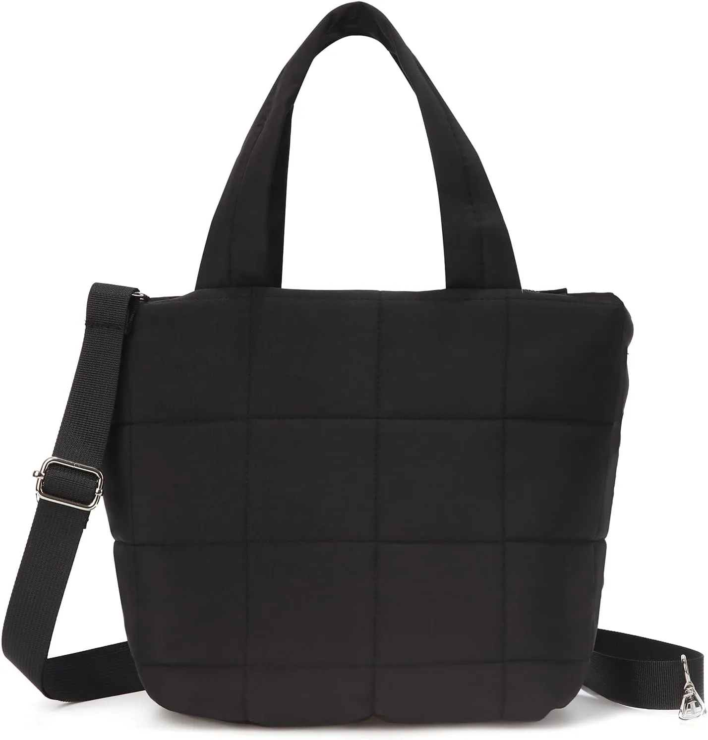 Puffer Mini Tote Bags with Zipper Small Quilted Crossbody Bags for Women Nylon Shoulder Purse Handbag with Adjustable Strap,Black