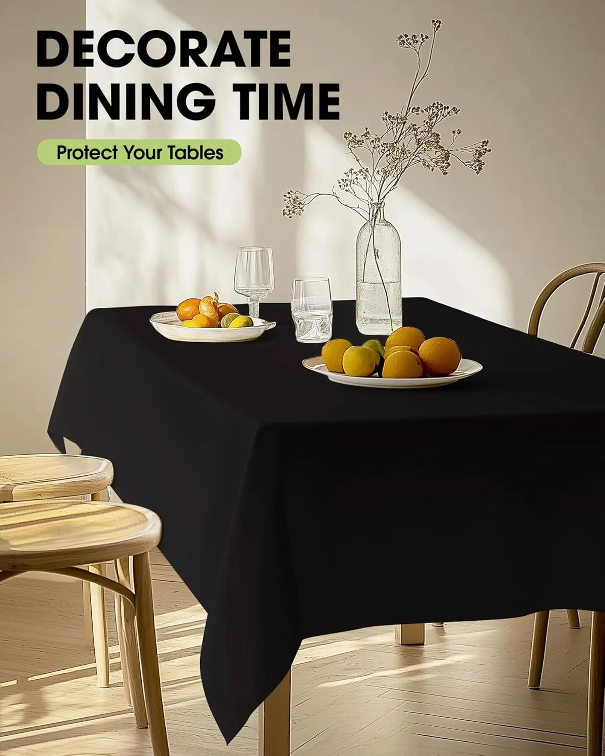 Pureegg Durable Table Cloth 60" x 102" - Reusable Polyester Black Tablecloths for Rectangle Tables, Washable Fabric Table Cover for Holiday Party, Dinner, Wedding & Baby Shower, 2 Packs