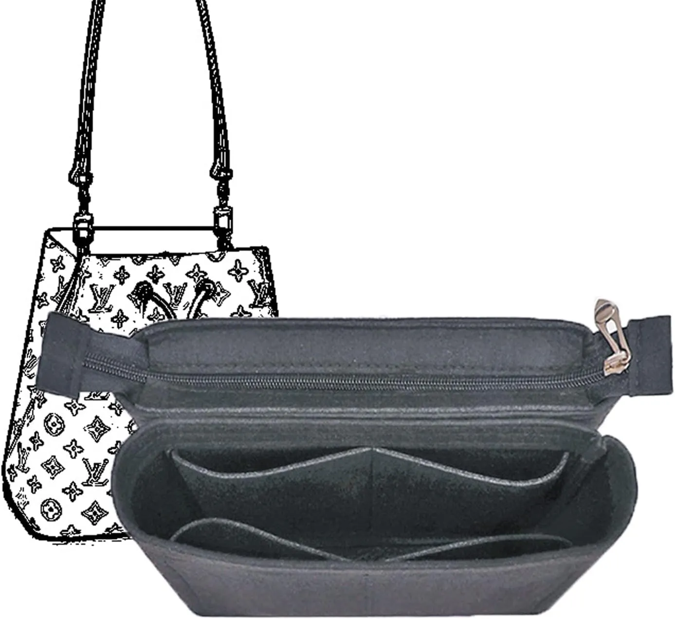 Purse Organizer - Felt Bag Organizer With Zipper, Insert For Backpack & Tote, Perfect For LV NeoNoe Noe Series (Black)