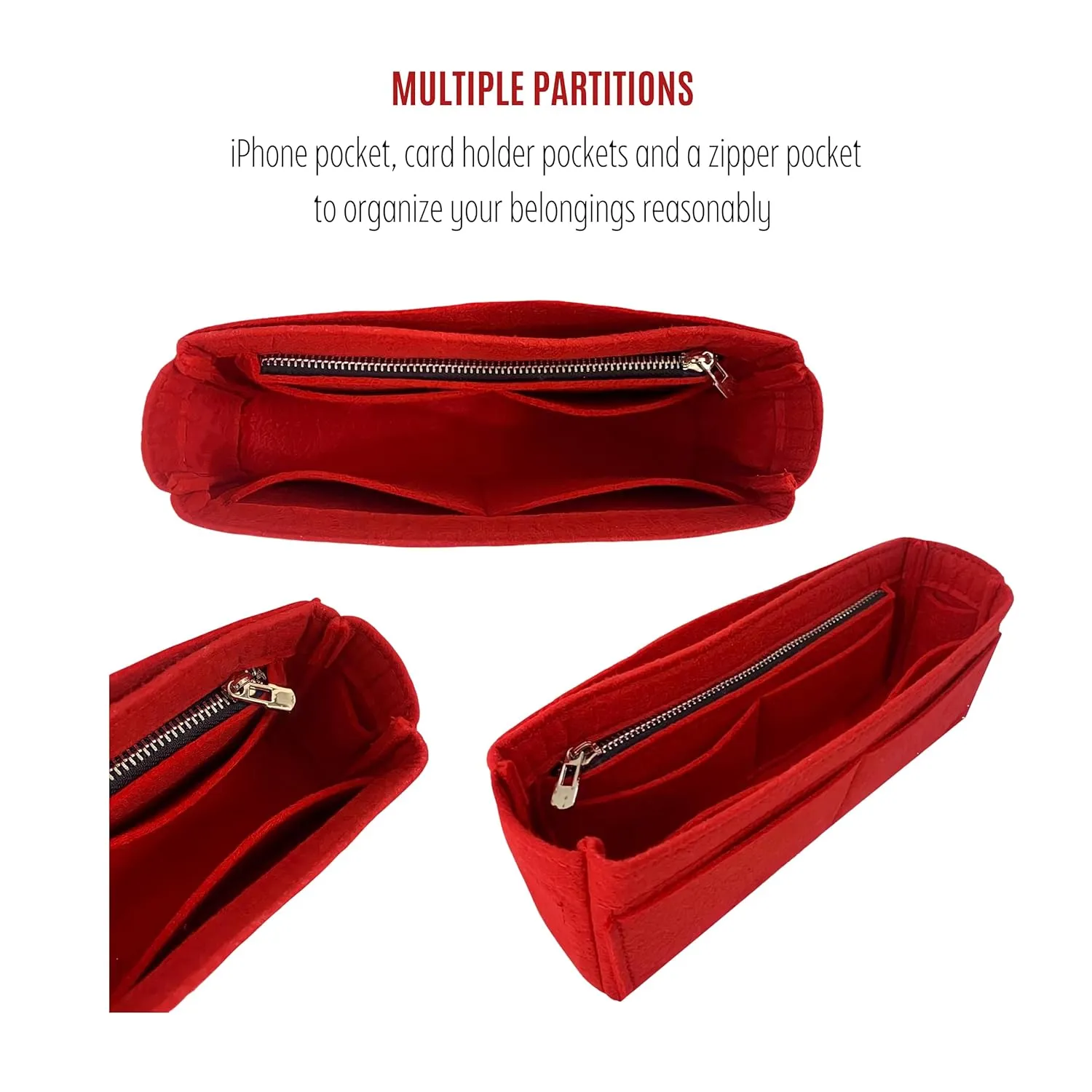 Purse Organizer for Re Edition 2005 Bag Organizer, Re Edition 2005 Bag Insert, Handmade Snug Sturdy Felt Organizer with Silver Zipper (Red)