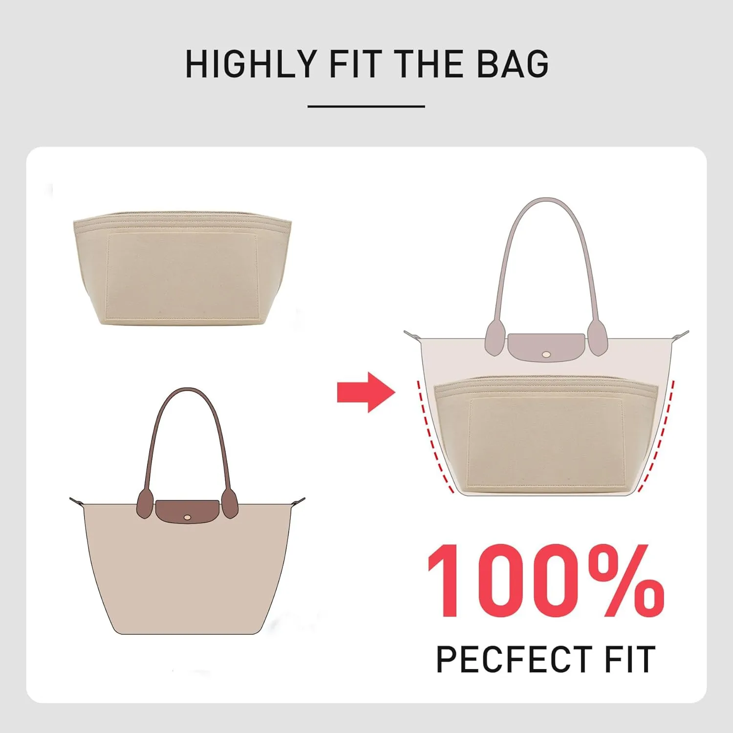 Purse Organizer Insert Compatible with Longchamp Medium and More, Felt Zipper Le pliage Medium Organizer with Cup Holder, 8 Compartments Bag Insert(Beige,M)