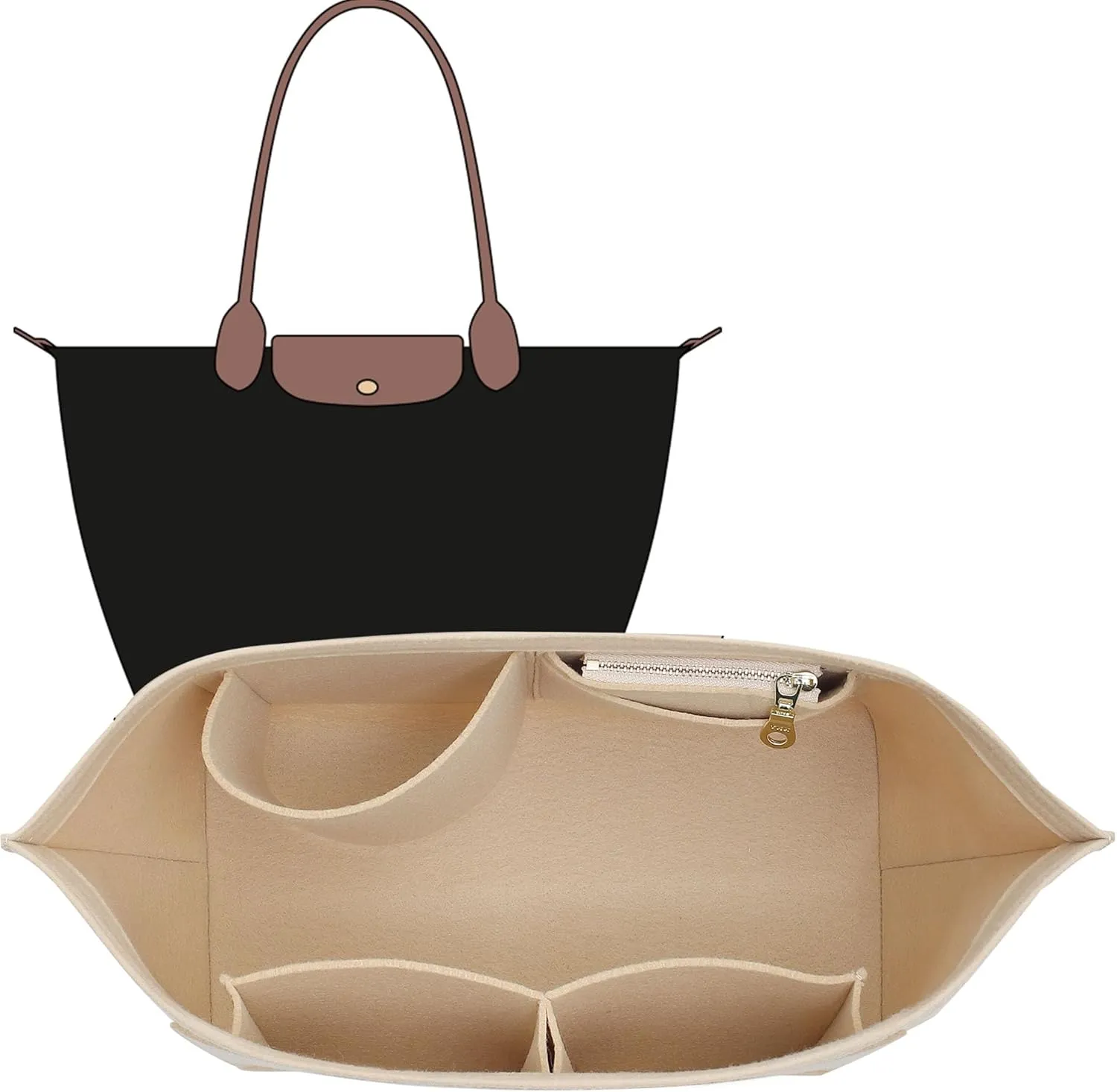 Purse Organizer Insert Compatible with Longchamp Medium and More, Felt Zipper Le pliage Medium Organizer with Cup Holder, 8 Compartments Bag Insert(Beige,M)