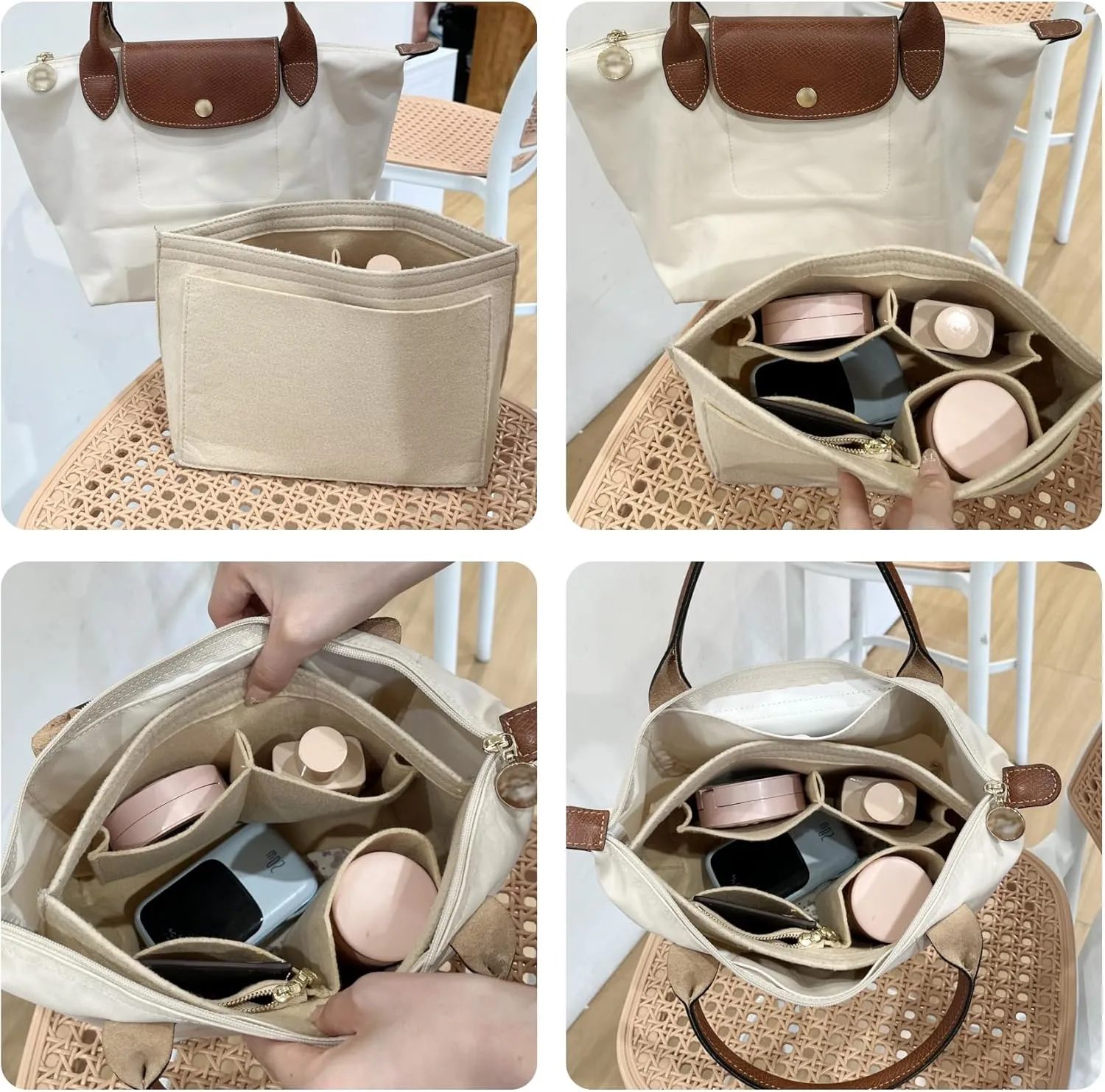 Purse Organizer Insert Compatible with Longchamp Medium and More, Felt Zipper Le pliage Medium Organizer with Cup Holder, 8 Compartments Bag Insert(Beige,M)