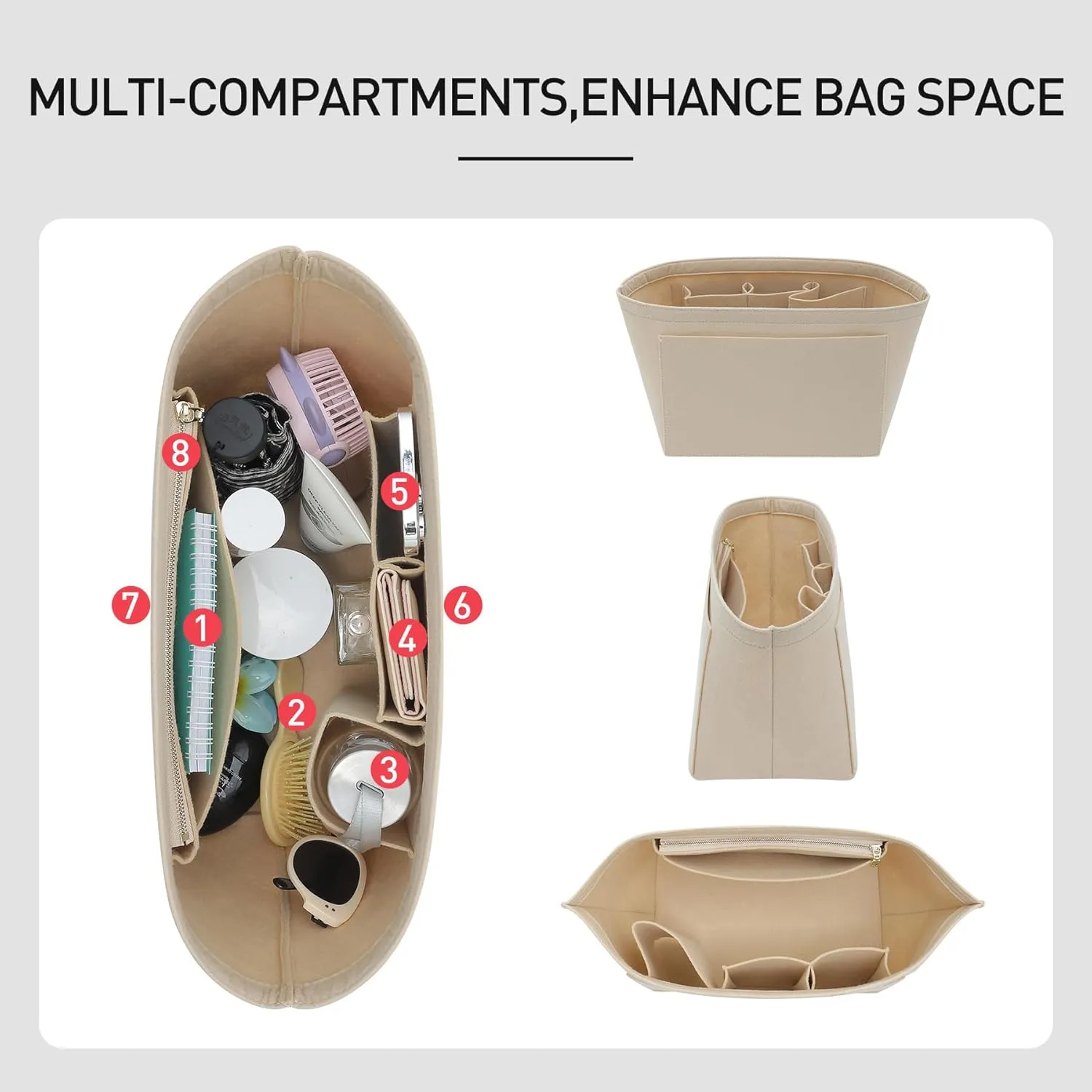 Purse Organizer Insert Compatible with Longchamp Medium and More, Felt Zipper Le pliage Medium Organizer with Cup Holder, 8 Compartments Bag Insert(Beige,M)