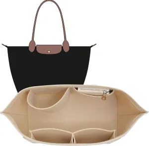 Purse Organizer Insert Compatible with Longchamp Medium and More, Felt Zipper Le pliage Medium Organizer with Cup Holder, 8 Compartments Bag Insert(Beige,M)