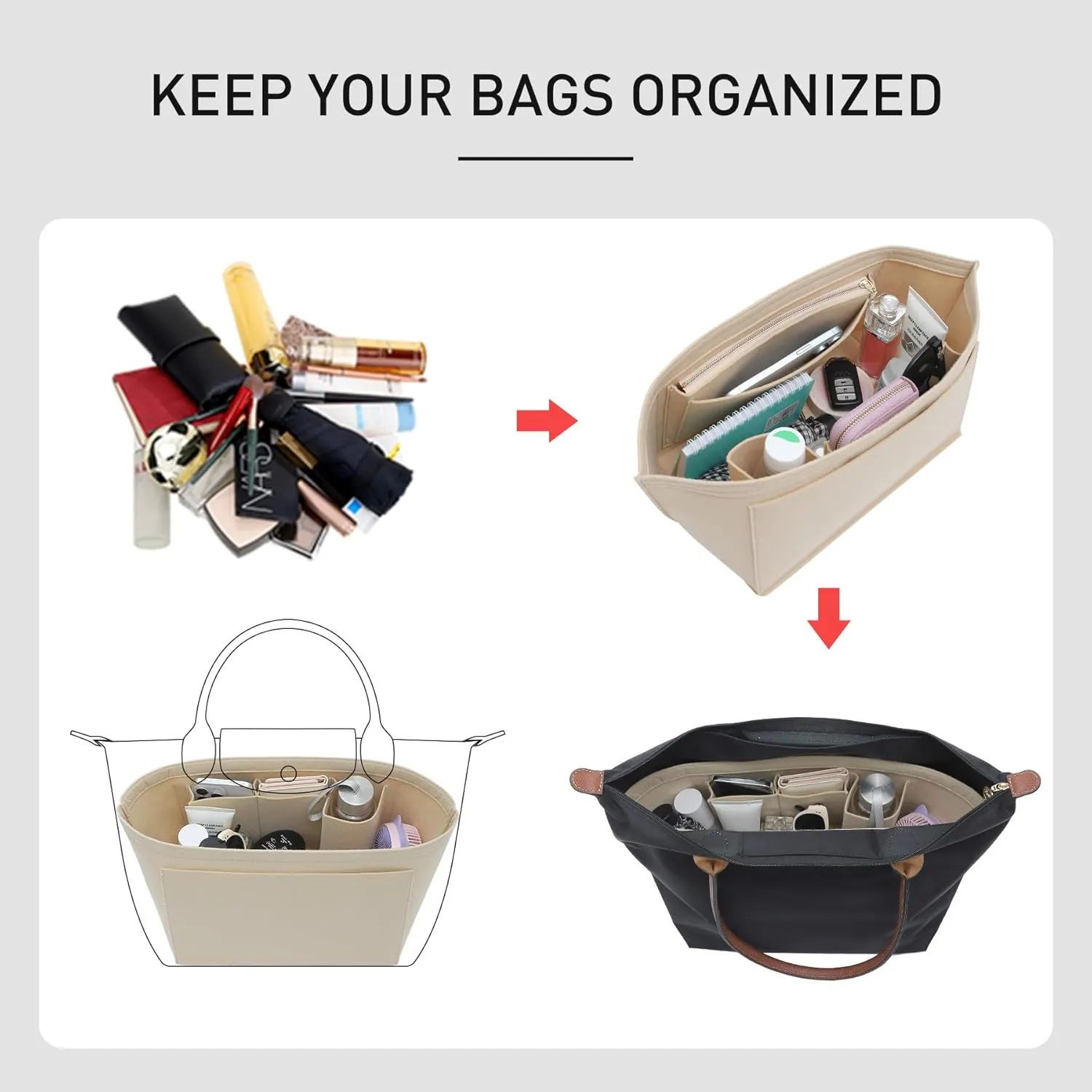 Purse Organizer Insert Compatible with Longchamp Medium and More, Felt Zipper Le pliage Medium Organizer with Cup Holder, 8 Compartments Bag Insert(Beige,M)