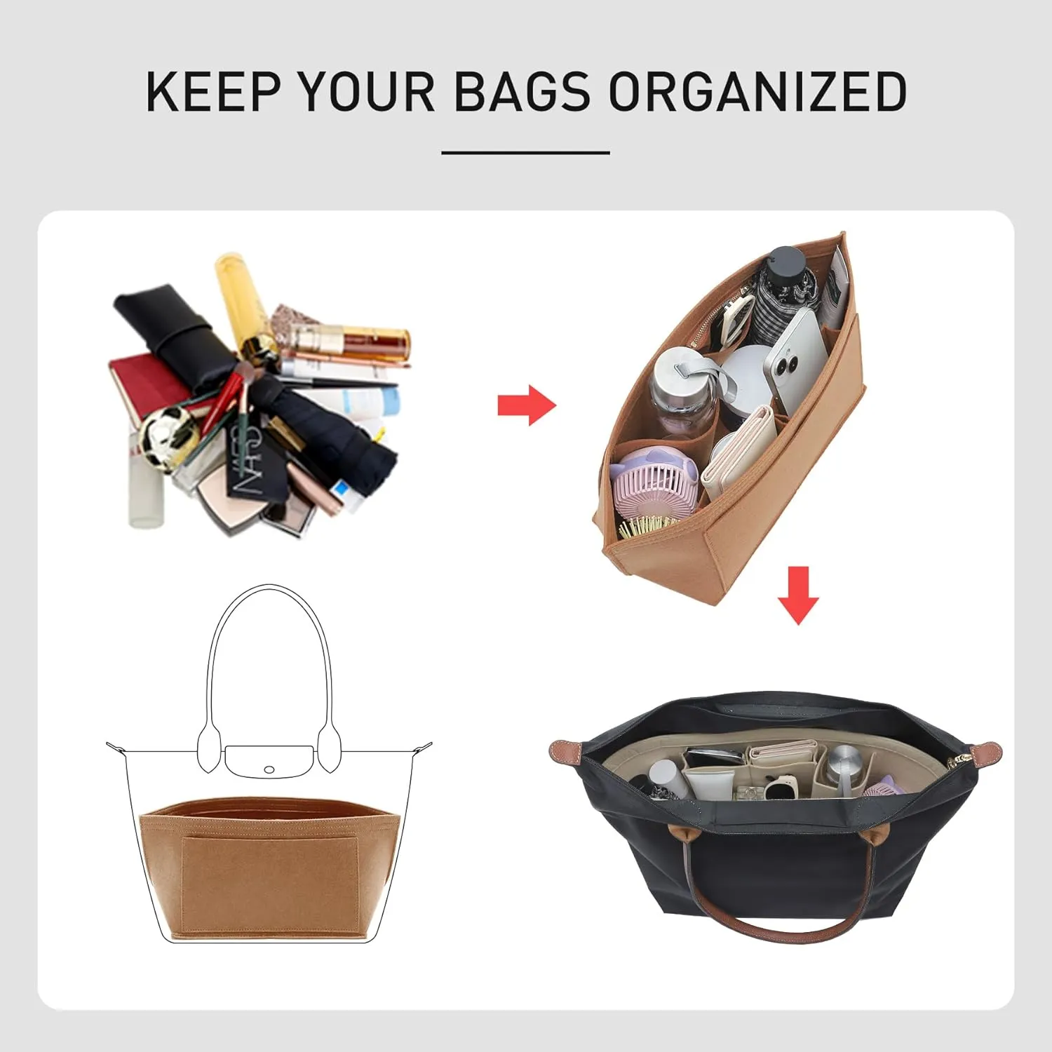 Purse Organizer Insert Compatible with Longchamp Medium and More, Felt Zipper le pliage Medium Organizer with Cup Holder for Tote Handbags, 8 Compartments (Brown,M)