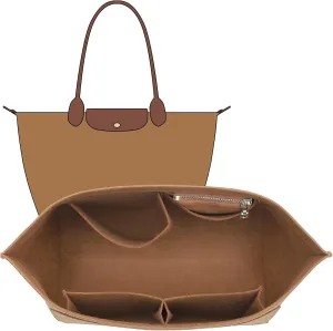 Purse Organizer Insert Compatible with Longchamp Medium and More, Felt Zipper le pliage Medium Organizer with Cup Holder for Tote Handbags, 8 Compartments (Brown,M)
