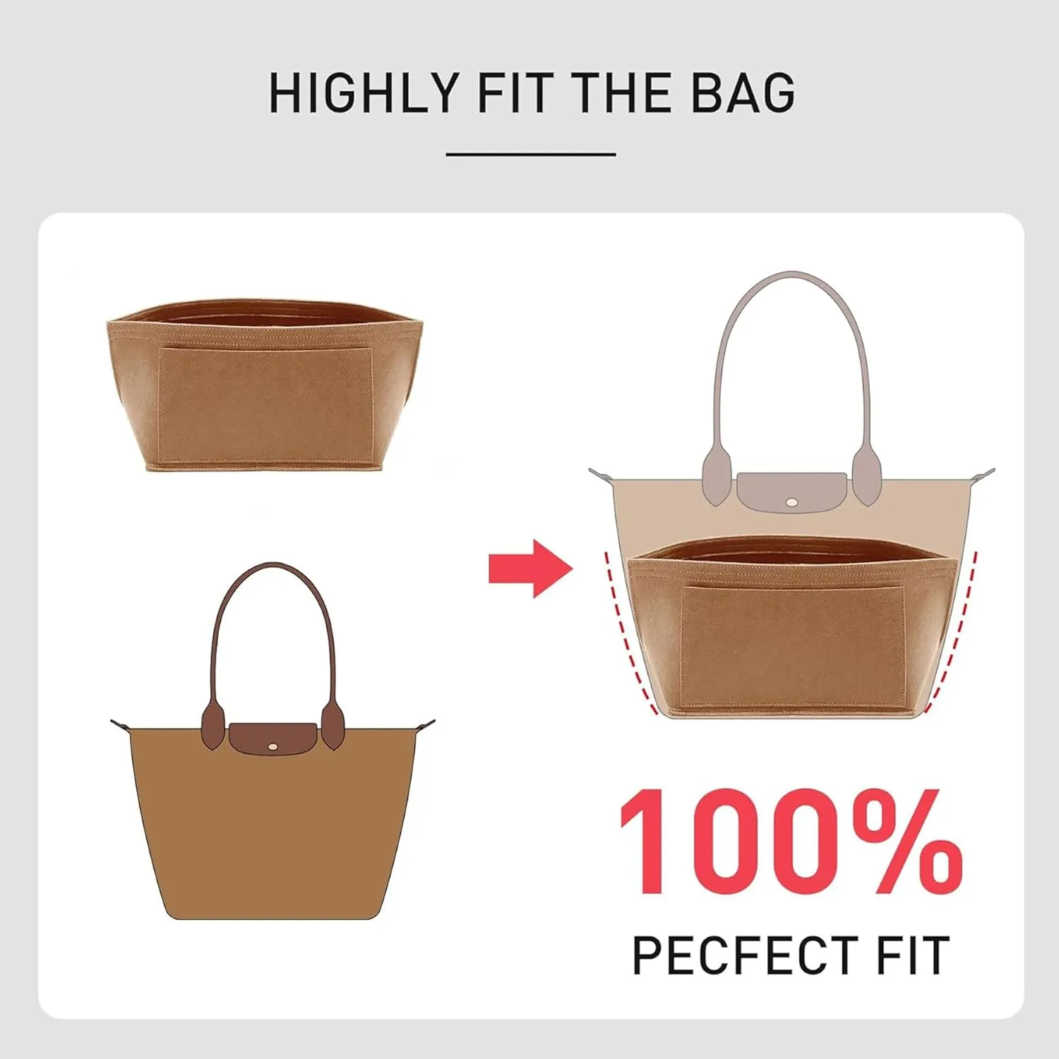 Purse Organizer Insert Compatible with Longchamp Medium and More, Felt Zipper le pliage Medium Organizer with Cup Holder for Tote Handbags, 8 Compartments (Brown,M)