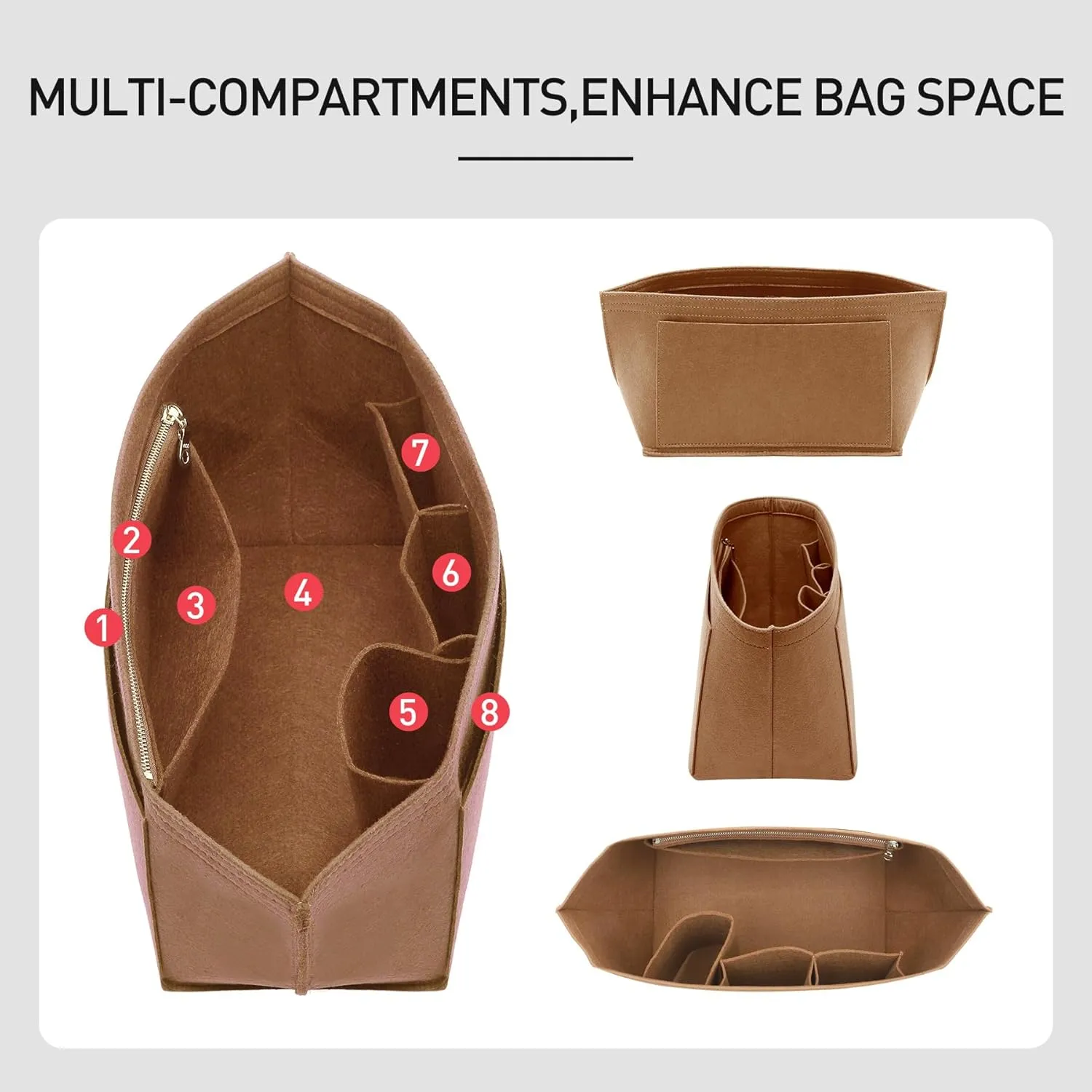 Purse Organizer Insert Compatible with Longchamp Medium and More, Felt Zipper le pliage Medium Organizer with Cup Holder for Tote Handbags, 8 Compartments (Brown,M)