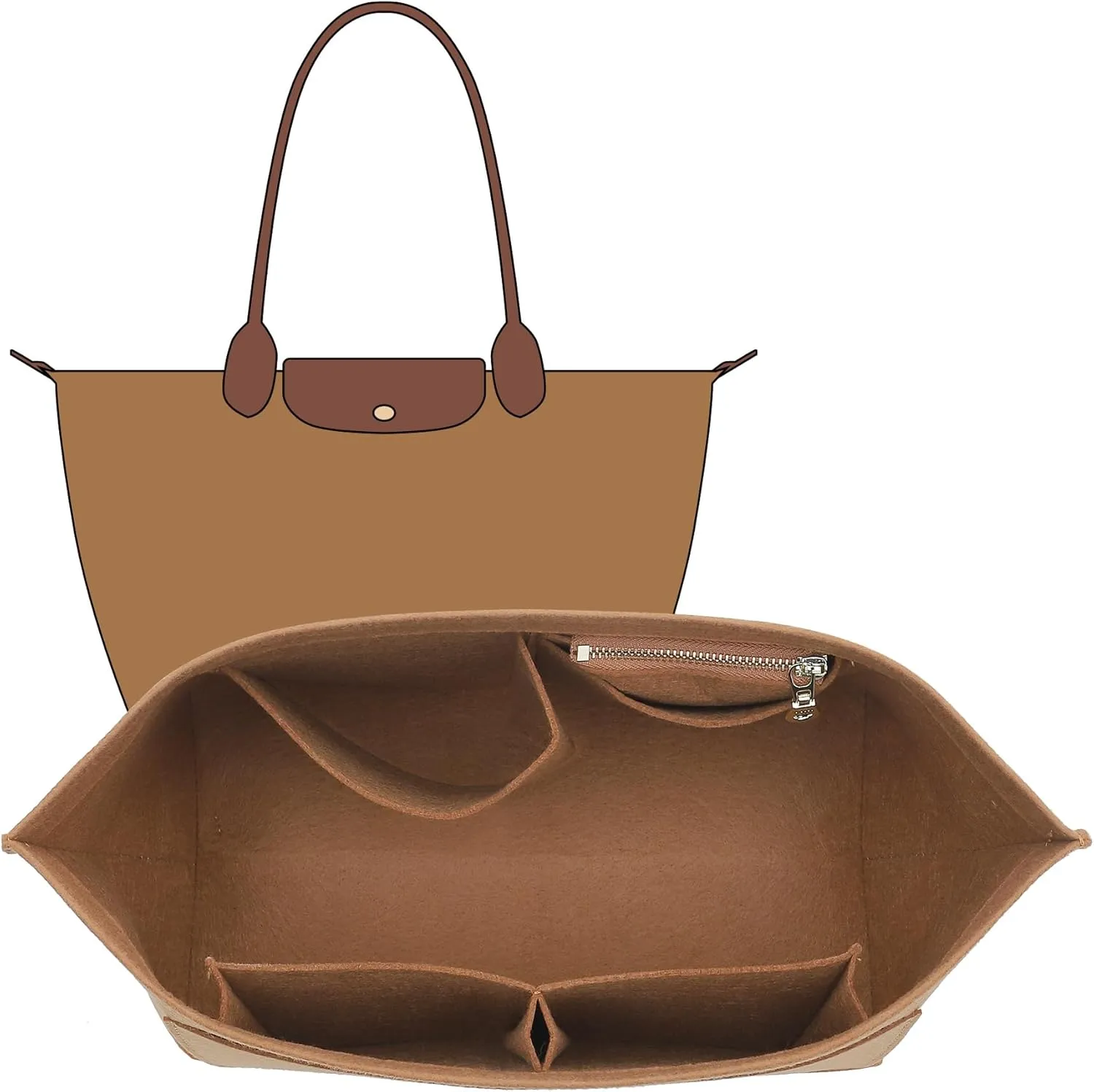 Purse Organizer Insert Compatible with Longchamp Medium and More, Felt Zipper le pliage Medium Organizer with Cup Holder for Tote Handbags, 8 Compartments (Brown,M)