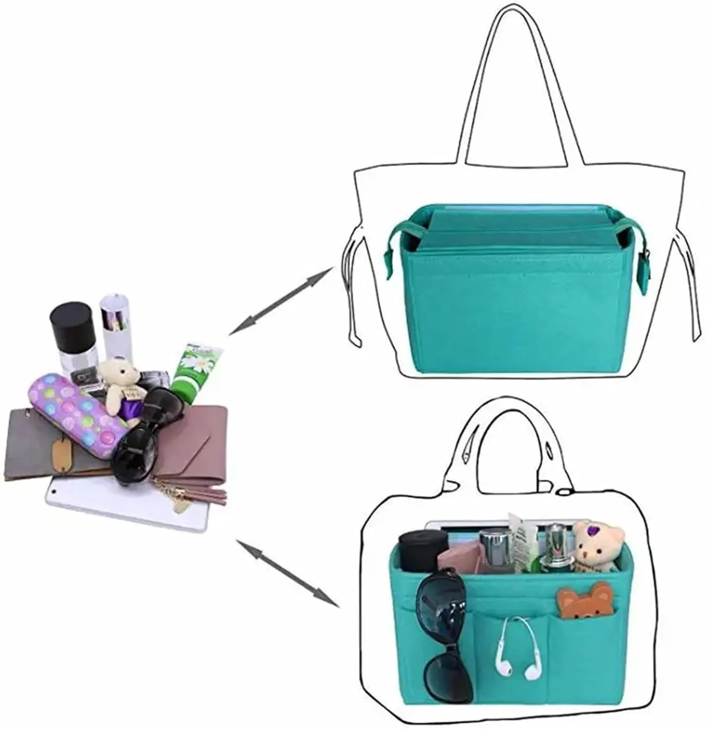 Purse Organizer Insert Cosmetic Organizer Felt Insert Bag For Handbag Travel Inner Purse Portable Make Up Bags(Black,34x20x14.5cm)