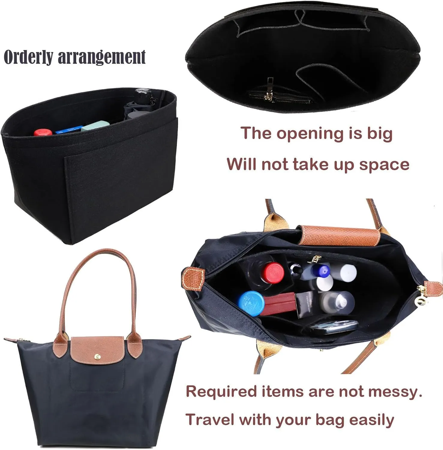 Purse Organizer Insert for Le Pliage Handbags Insert Organizer- Felt Organizer 1012black2-M