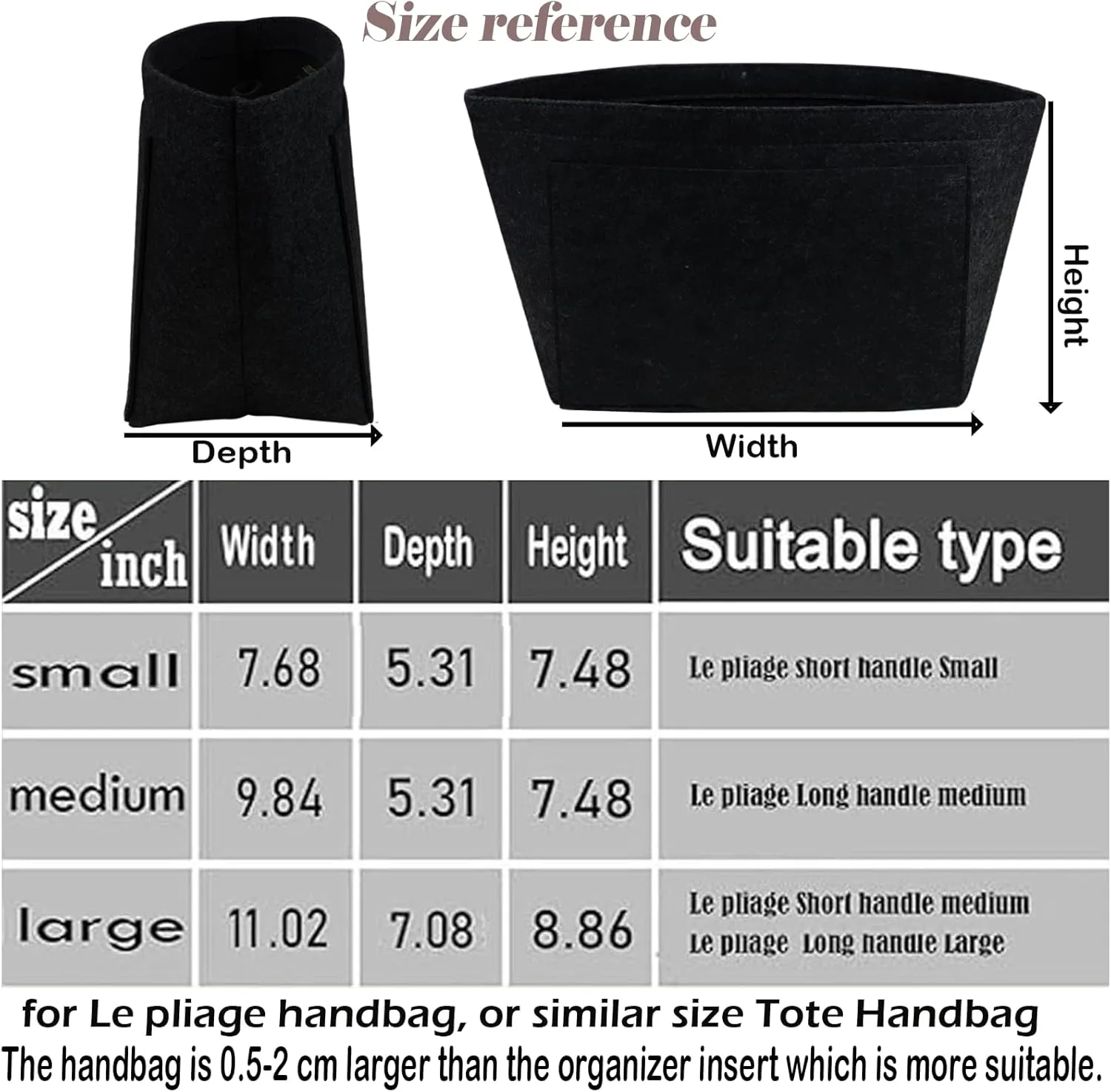 Purse Organizer Insert for Le Pliage Handbags Insert Organizer- Felt Organizer 1012black2-M