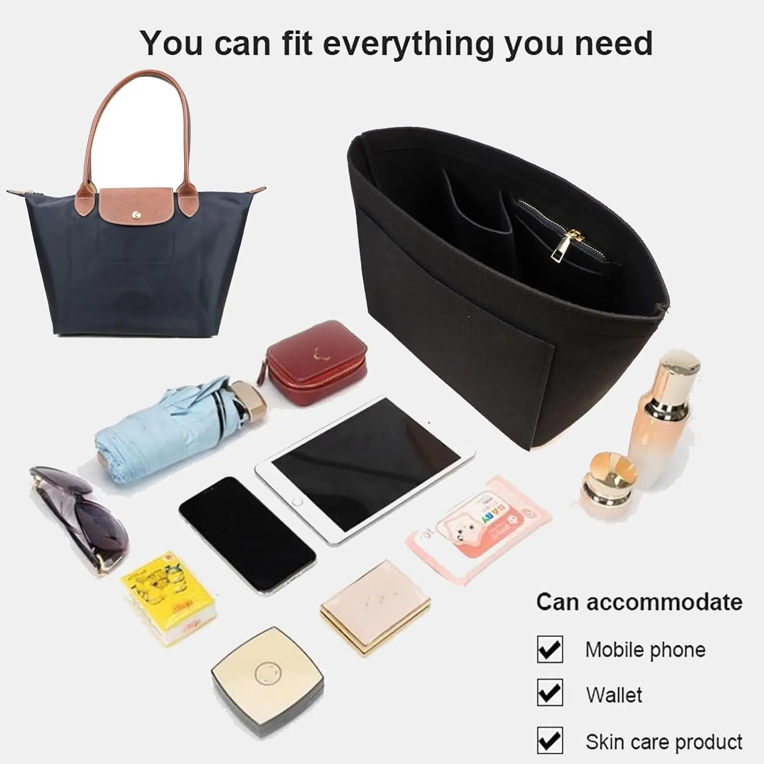 Purse Organizer Insert for Le Pliage Handbags Insert Organizer- Felt Organizer 1012black2-M
