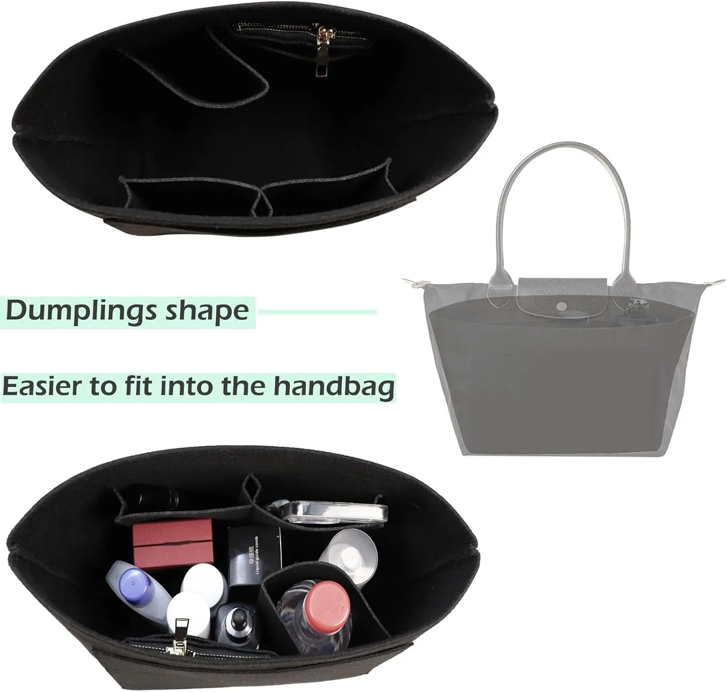 Purse Organizer Insert for Le Pliage Handbags Insert Organizer- Felt Organizer 1012black2-M